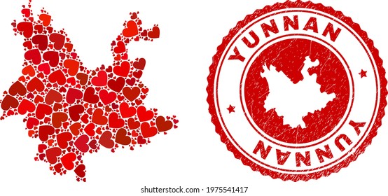 Collage Yunnan Province map designed with red love hearts, and rubber seal. Vector lovely round red rubber seal stamp imitation with Yunnan Province map inside.