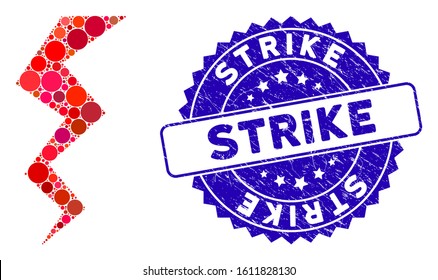 Collage zigzag strike icon and rubber stamp seal with Strike caption. Mosaic vector is composed with zigzag strike icon and with scattered circle elements. Strike stamp seal uses blue color,