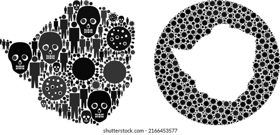 Collage Zimbabwe map united from virus outbreak elements and men and skeleton elements. Infection virus Zimbabwe map collage designed with circle and hole. Collages designed for lockdown propaganda.