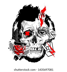 Collage de estilo Zine Culture. Calavera humana con ojo, flor rosa roja y pegatinas con símbolos de rock. Cartel, composición en pantalones, impresión a mano. Ilustración vectorial.