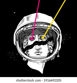 Collage de estilo Zine Culture. Estatua de Apolo, cabeza de yeso, en el casco de un retro espacio astronauta. Afiche de humor, composición de camisetas, impresión a mano. Ilustración vectorial.