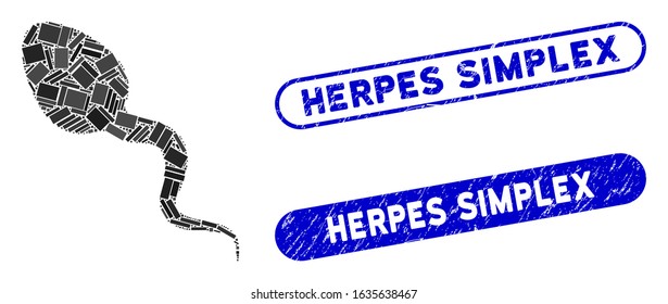 Collage zoosperm and corroded stamp seals with Herpes Simplex phrase. Mosaic vector zoosperm is composed with randomized rectangle items. Herpes Simplex stamp seals use blue color,