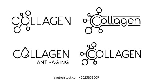 Collagen anti-aging line logotypes set. Beauty formula. Face lifting brand. Medical symbols collection in outline style. Wellness concept. Black vector illustration isolated on a white background
