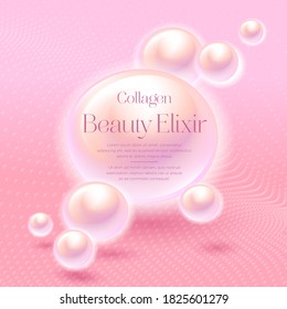 Collagen. Beauty Elixir. Label Or Poster For Cosmetic Product. Pearl Drops Of Wonderful Liquid For Youthful And Beauty. Anti Age Protection For Face And Body. 