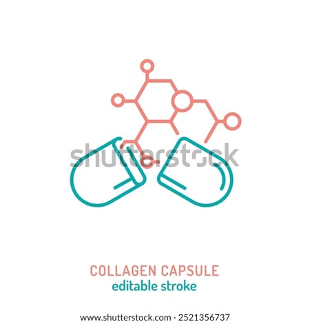 Collagen capsule line icon. Connective tissue protein pictogram. Elastin production sign. Editable stroke. Medical symbol in outline style. Wellness concept. Vector illustration on a white background