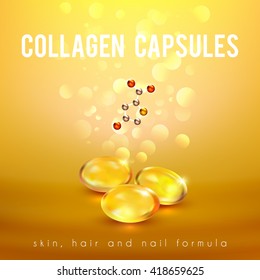 Collagen capsules for strong long hair and nails supplement formula advertisement golden background poster abstract vector illustration 