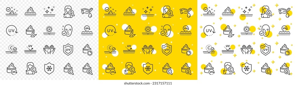 Collagen, Cream, Serum oil and Skincare. Skin care line icons. Face sun lotion gel, Uv protection, vitamin E icons. Night face skin care cream protection. Skincare cosmetic. Vector