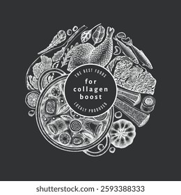 Collagen Diet Chalk Board Design Template. Vector Hand Drawn Healthy Food Banner. Vintage Style Collagen Bust Menu Illustration.