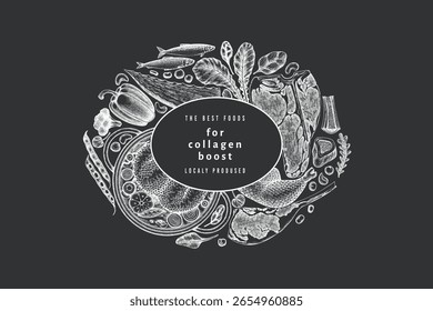 Collagen Diet Chalk Board Design Template. Vector Hand Drawn Healthy Food Banner. Vintage Style Collagen Bust  Menu Illustration.