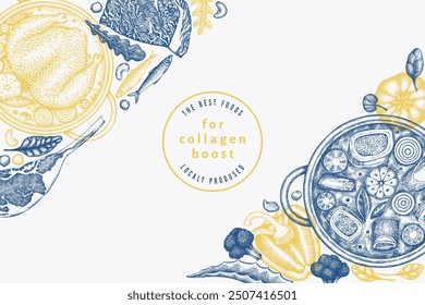 Collagen Diet Design Template. Vector Hand Drawn Healthy Food Banner. Vintage Style Collagen Bust  Menu Illustration.