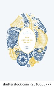 Plantilla de diseño de dieta de colágeno. Vector Dibujado A Mano Anuncio De Alimentos Saludables. Ilustración de menú de busto de colágeno de estilo Antiguas.