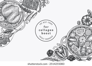 Plantilla de diseño de dieta de colágeno. Vector Dibujado A Mano Anuncio De Alimentos Saludables. Ilustración de menú de busto de colágeno de estilo Antiguas.