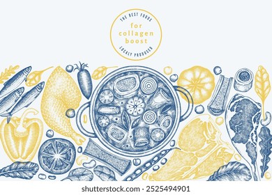 Plantilla de diseño de dieta de colágeno. Vector Dibujado A Mano Anuncio De Alimentos Saludables. Ilustración de menú de busto de colágeno de estilo Antiguas.