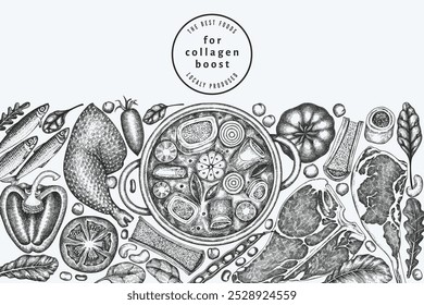 Modelo de Dieta de Colágeno. A Mão Do Vetor Desenhou A Bandeira De Alimentos Saudáveis. Ilustração do Menu de Busto de Colágeno Estilo Vintage.
