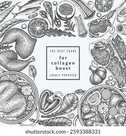 Collagen Diet Design Template. Vector Hand Drawn Healthy Food Banner. Vintage Style Collagen Bust  Menu Illustration.