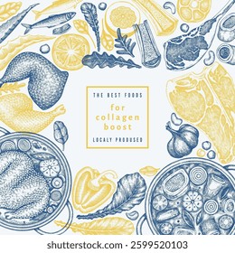 Collagen Diet Design Template. Vector Hand Drawn Healthy Food Banner. Vintage Style Collagen Bust  Menu Illustration.