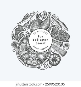 Collagen Diet Design Template. Vector Hand Drawn Healthy Food Banner. Vintage Style Collagen Bust  Menu Illustration.