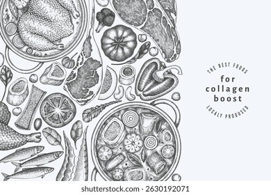 Collagen Diet Design Template. Vector Hand Drawn Healthy Food Banner. Vintage Style Collagen Bust  Menu Illustration.