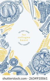 Collagen Diet Design Template. Vector Hand Drawn Healthy Food Banner. Vintage Style Collagen Bust  Menu Illustration.