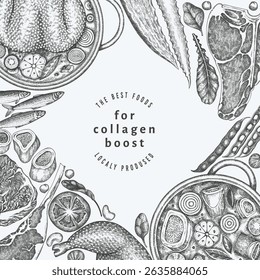Collagen Diet Design Template. Vector Hand Drawn Healthy Food Banner. Vintage Style Collagen Bust  Menu Illustration.