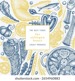 Collagen Diet Design Template. Vector Hand Drawn Healthy Food Banner. Vintage Style Collagen Bust  Menu Illustration.