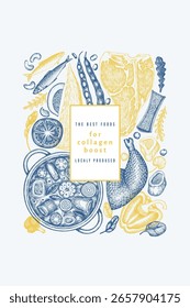 Collagen Diet Design Template. Vector Hand Drawn Healthy Food Banner. Vintage Style Collagen Bust  Menu Illustration.