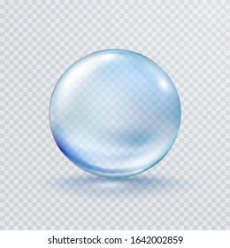 Collagen droplet isolated on transparent background. Realistic vector clear dew, blue pure drop, water bubble or glass ball template.

