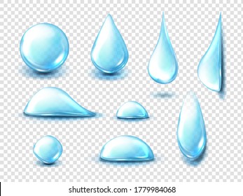 Collagen droplets, clear dews of different shapes, dripping and lying hydration liquid blue pure drops, water bubbles, glass balls, spheres isolated on transparent background, Realistic 3d vector set