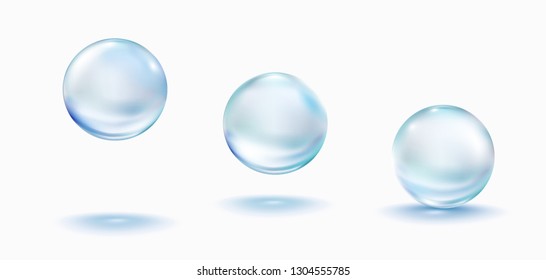 Collagen droplets set isolated on white background. Realistic vector clear dews, blue pure drops, water bubbles or glass balls template.