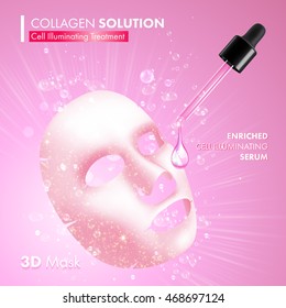 Collagen facial 3D mask package design. Cell illuminating treatment solution. Enriched moisturizing snail serum for women with dropper on pink background