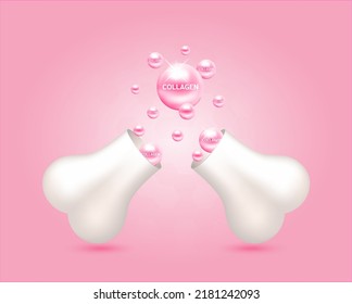 Collagen float out of the bone capsule. Help heal arthritis knee joint, pain in leg. Healthy bones on pink background. Used for nutrition products food template design. 3D Vector EPS10.