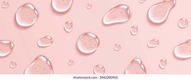 Collagen gel with bubbles drops realistic vector illustration pattern. Anti aging moisturizing skincare product 3d objects on pink background