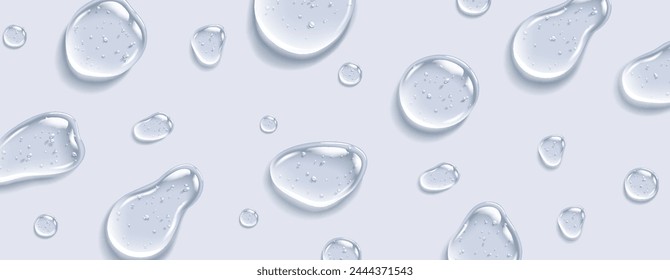 Collagen gel with bubbles drops realistic vector illustration pattern. Anti aging moisturizing skincare product 3d objects on silver background