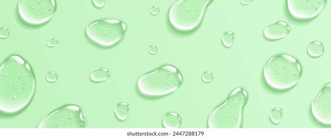 Collagen gel with bubbles drops realistic vector illustration pattern. Anti aging moisturizing skincare product 3d objects on green background