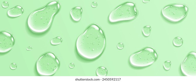 Gel de colágeno con burbujas gotas patrón de Ilustración vectorial realista. Objetos 3d del producto hidratante del cuidado de la piel del envejecimiento sobre fondo verde