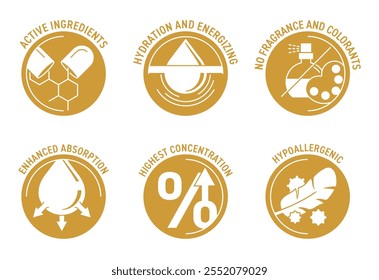 Máscara de gel de colagênio ou qualquer conjunto de ícones circulares do produto cosmético. Ingredientes ativos, hidratação e energização, fragrância e corantes livres. Absorção melhorada, concentração mais elevada e hipoalergênico