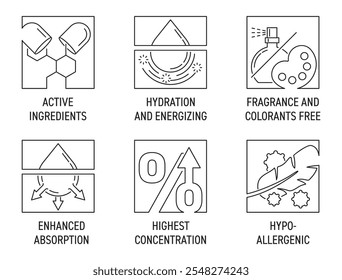 Máscara de gel de colagênio ou qualquer outro esboço de produto cosmético e conjunto de ícones quadrados. Ingredientes ativos, hidratação e energização, fragrância e corantes livres. Absorção melhorada, concentração máxima