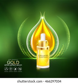 Collagen Gold Serum and Vitamin Background Skin Care Cosmetic.