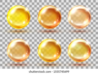 Collagen Golden Balls. Realistic Cosmetic Oil Capsules, Liquid Serum Drop, Transparent Pills. Vector Yellow Collagen Drops Set