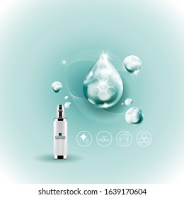 Collagen Green Pearl Serum Drop or Vitamin Vector Background Template for Skin Care Cosmetic Products.