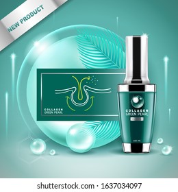 Collagen Green Pearl Serum or Vitamin Vector Background Template for Skin Care Cosmetic Products.