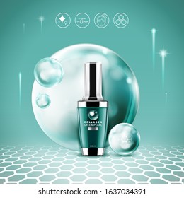 Collagen Green Pearl Serum or Vitamin Vector Background Template for Skin Care Cosmetic Products.