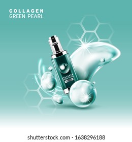 Collagen Green Pearl Serum or Vitamin Vector Background Template for Skin Care Cosmetic Products.