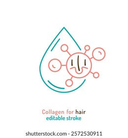 Collagen for hair line icon. Connective tissue protein pictogram. Elastin production sign. Editable stroke. Medical symbol in outline style. Wellness concept. Vector illustration on a white background