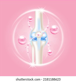 Collagen help heal arthritis knee joint, pain in leg. Healthy bone skeleton x ray scan on pink background. Used for nutrition products food template design. Isolated 3D Vector EPS10.