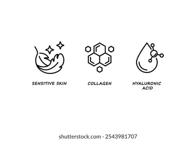 Colágeno, ácido hialurónico e iconos de piel sensible. Cosméticos orgánicos y línea de cuidado de la piel insignias o sellos. Conjunto de Vector.