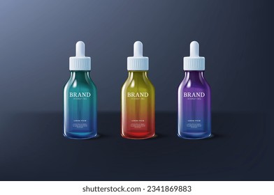 Collagen or hyaluronic Acid Serum Moisturizer in different colors of packaging. Vector illustration of realistic serum bottles isolated