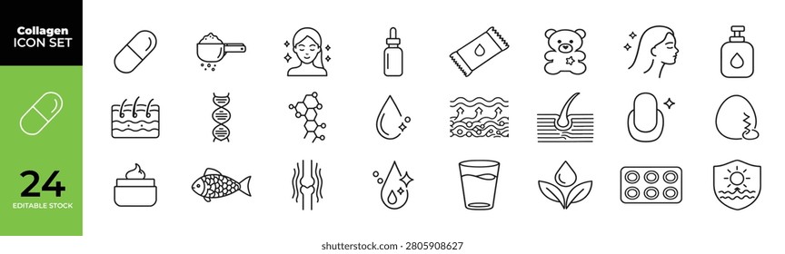 Collagen icon set featuring skincare beauty supplements molecular structures health wellness and dermatology line art.