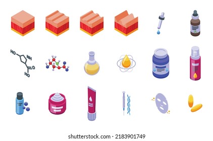 Collagen icons set isometric vector. Skin acid. Skincare oil