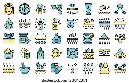 Collagen icons set outline vector. Acid skincare. Hair oil